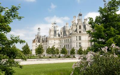 A large, ornate French Renaissance château with multiple towers, chimneys, and a central dome, viewed from across a manicured lawn with trees framing the foreground under a blue sky.
