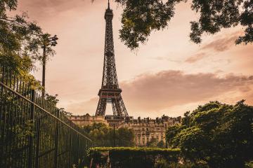 1. The image shows the Eiffel Tower in Paris, France, viewed through a frame of green trees and foliage with a metal fence in the foreground under a warm-toned sky.