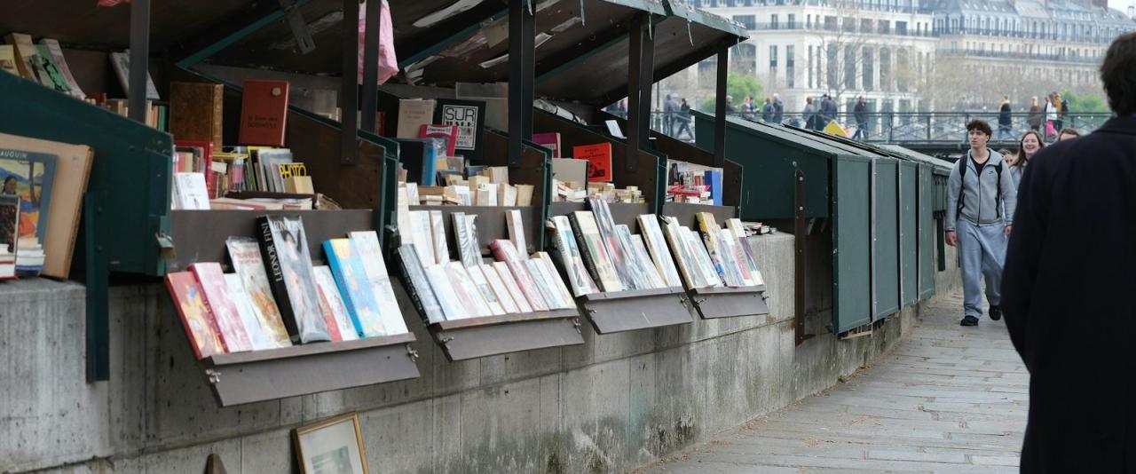 The image shows a row of green wooden bookstalls (bouquinistes) displaying books and framed art along the stone embankment of a river, with pedestrians walking on the adjacent path and a large classical building in the background.