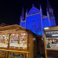 1. Wooden Christmas market stalls in the foreground with a large Gothic cathedral illuminated in blue light in the background at night.