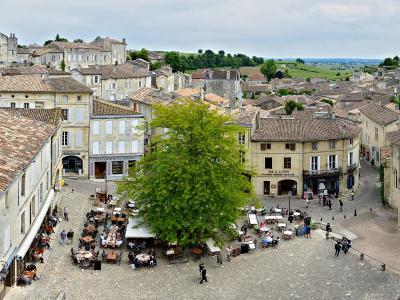 A high-angle panoramic view of a sunlit, cobblestoned town square (Place du Marché) in Saint-Émilion, featuring outdoor café seating, a large central tree, and surrounding medieval stone buildings with terracotta roofs.