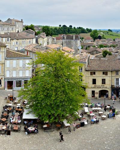 A high-angle panoramic view of a sunlit, cobblestoned town square (Place du Marché) in Saint-Émilion, featuring outdoor café seating, a large central tree, and surrounding medieval stone buildings with terracotta roofs.