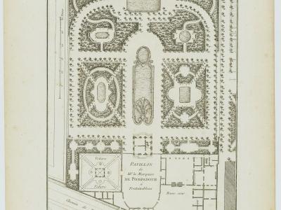 A historical architectural plan or site map showing the layout of the "Pavillon de Mme la Marquise de Pompadour" and surrounding gardens at Fontainebleau, with labeled sections like "Gazon," "Volière," and "Parc du Château de Fontainebleau."