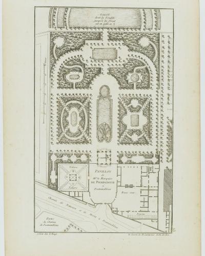 A historical architectural plan or site map showing the layout of the "Pavillon de Mme la Marquise de Pompadour" and surrounding gardens at Fontainebleau, with labeled sections like "Gazon," "Volière," and "Parc du Château de Fontainebleau."