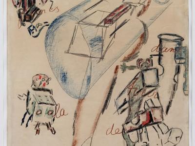 The image shows a framed abstract artwork with gestural lines, geometric shapes, and handwritten text fragments (including "de la tour de Babel" and a signature resembling "Artaud"), displayed on a plain wall under even lighting.