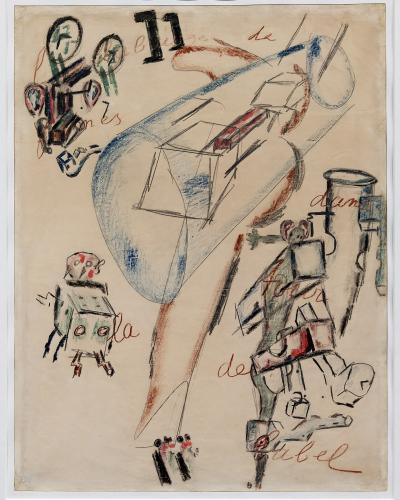 The image shows a framed abstract artwork with gestural lines, geometric shapes, and handwritten text fragments (including "de la tour de Babel" and a signature resembling "Artaud"), displayed on a plain wall under even lighting.