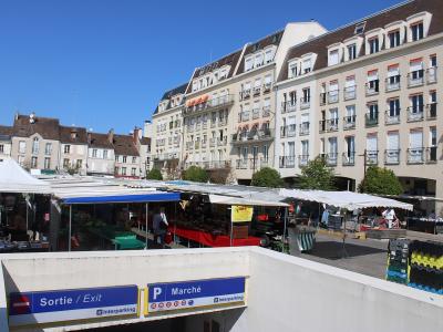 The image shows an outdoor market with stalls under white and blue canopies, situated in a town square surrounded by multi-story European-style buildings, with a parking garage entrance in the foreground displaying signs reading "Sortie / Exit" an