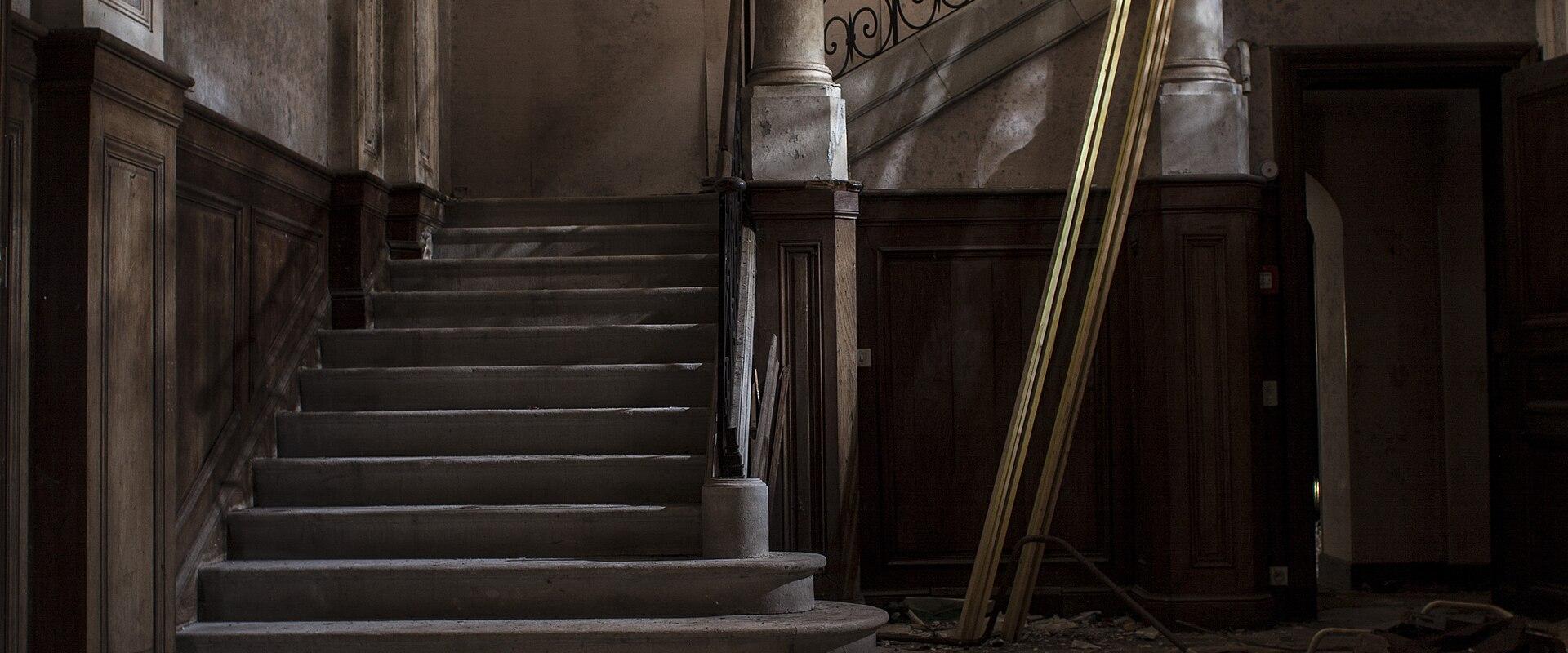 An interior view of a derelict, abandoned building featuring a grand stone staircase with ornate iron railings, peeling plaster walls, wood paneling, and debris on the floor.