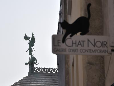 A close-up of a white rectangular sign with black text reading "LE CHAT NOIR" and "GALERIE D'ART CONTEMPORAIN," featuring a silhouette of a leaping cat, mounted on a building facade with a domed roof and statue visible in the background.