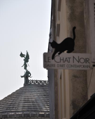A close-up of a white rectangular sign with black text reading "LE CHAT NOIR" and "GALERIE D'ART CONTEMPORAIN," featuring a silhouette of a leaping cat, mounted on a building facade with a domed roof and statue visible in the background.