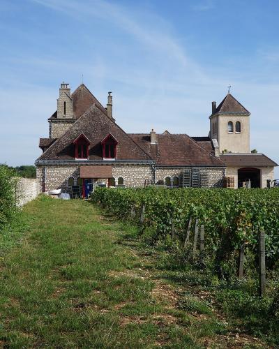 Historic Château du Clos de Vougeot surrounded by vineyards under a blue sky.