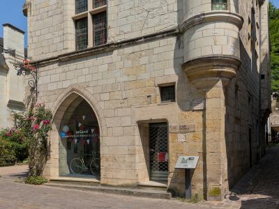 The image shows the exterior of a historic stone building with a sign reading "Musée Le Carrol" and "musée d'arts et d'histoire de Chinon," located in Chinon, France.