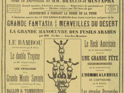 A vintage French theatrical poster advertising the arrival of the "Grande Troupe Arabe" for performances during the fair in Caen.