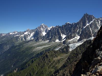 A high-altitude mountain landscape showing jagged, snow-dusted peaks and glaciers under a clear blue sky, with a rocky foreground slope on the right.