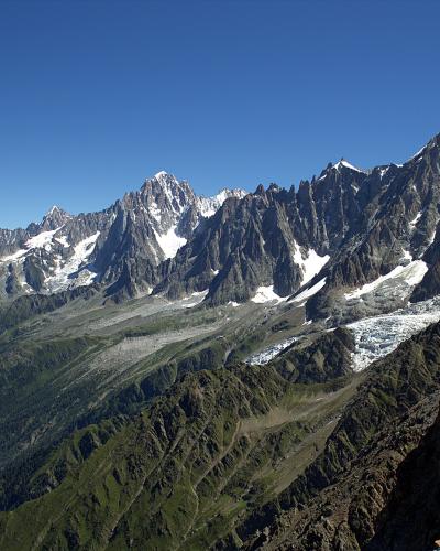 A high-altitude mountain landscape showing jagged, snow-dusted peaks and glaciers under a clear blue sky, with a rocky foreground slope on the right.