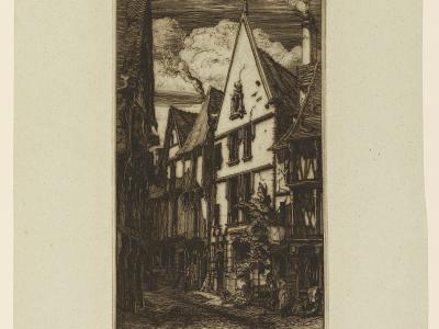 An etching depicting a narrow, historic street scene with timber-framed buildings and figures in the foreground, titled "rue aux toiles à Bourges" in handwriting at the bottom.
