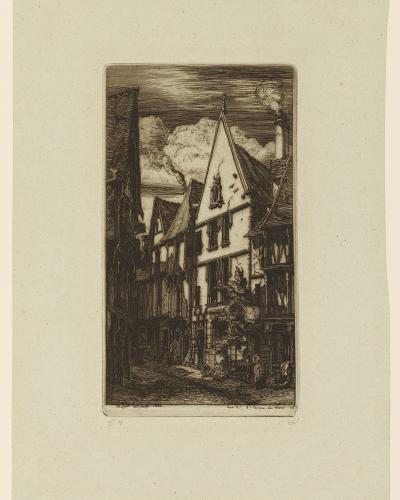 An etching depicting a narrow, historic street scene with timber-framed buildings and figures in the foreground, titled "rue aux toiles à Bourges" in handwriting at the bottom.