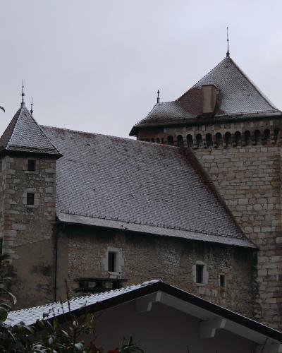 A stone medieval castle with two prominent towers featuring steep, snow-dusted roofs and crenellated battlements, viewed from a low angle with foliage in the foreground.