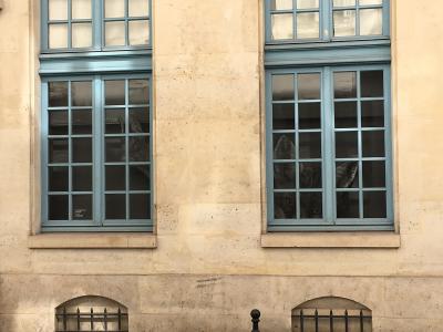 A close-up of the exterior facade of a building featuring two tall, blue-framed windows with grid panes, through which taxidermied animal heads (appearing to be a deer and a cat) are visible looking out.