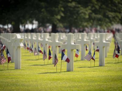 1. Rows of white marble headstones (Latin crosses and Star of David) in a manicured green lawn, each marked with small American and French flags, with blurred trees and spectators in the background.
