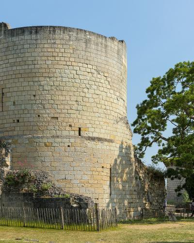 The image shows a large, cylindrical medieval stone tower with crenellated top, part of a fortified complex, set against a clear blue sky with green trees and grass in the foreground; no visible signage or text is present.