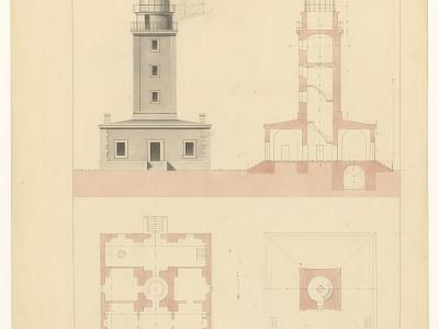 The image shows an architectural drawing (elevation and cross-section) of the Phare du Cap Camarat lighthouse, with labeled plans and technical annotations on aged paper.