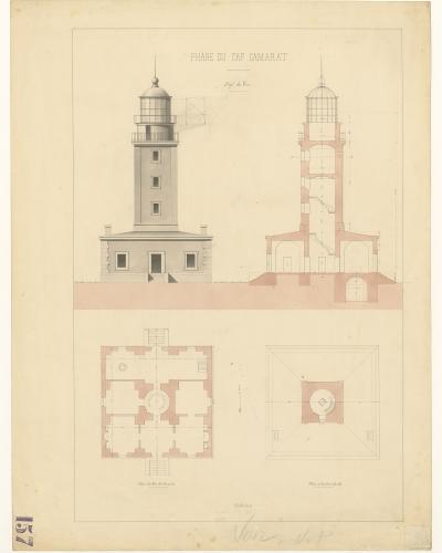 The image shows an architectural drawing (elevation and cross-section) of the Phare du Cap Camarat lighthouse, with labeled plans and technical annotations on aged paper.