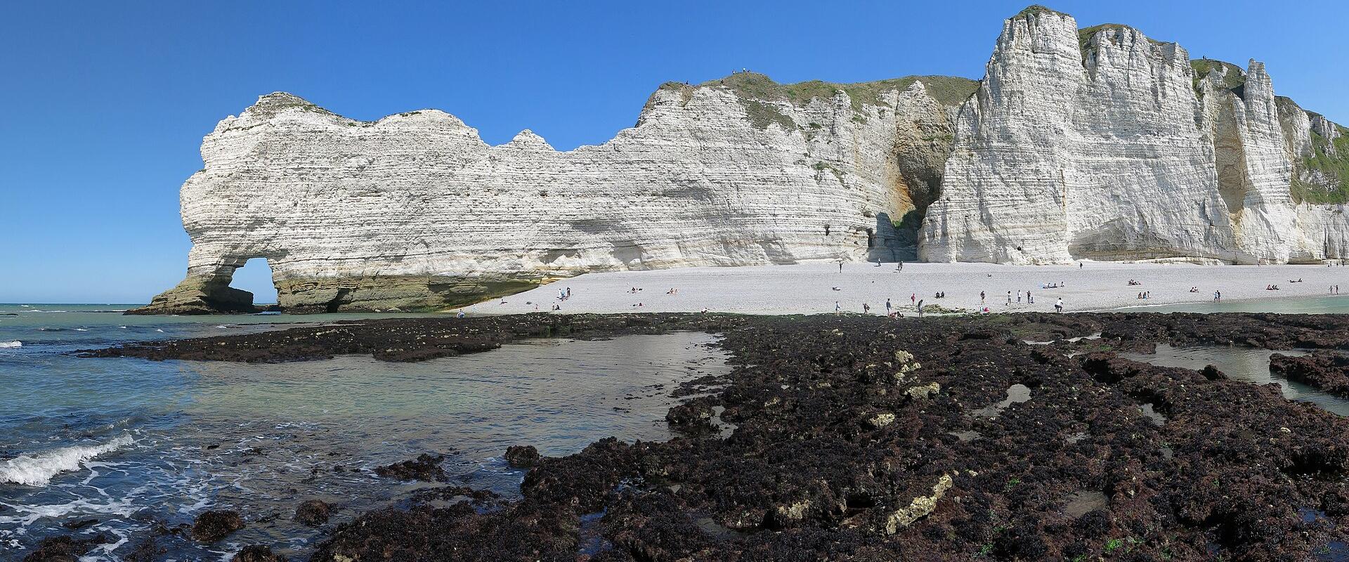 A panoramic view of the white chalk cliffs at Étretat, Normandy, France, featuring the prominent natural arch (Porte d'Aval) on the left, a wide sandy beach with visitors, and dark seaweed-covered rocks in the foreground under a clear blue sky.