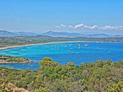A high-angle panoramic view of a long, curved sandy beach bordered by dense green Mediterranean vegetation in the foreground and hills in the background, with numerous boats anchored in turquoise waters under a blue sky.