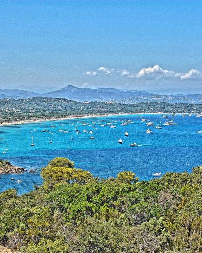 A high-angle panoramic view of a long, curved sandy beach bordered by dense green Mediterranean vegetation in the foreground and hills in the background, with numerous boats anchored in turquoise waters under a blue sky.