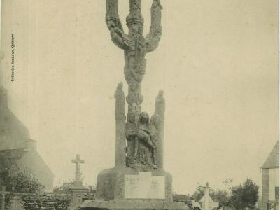 A vintage postcard photograph of a large, ornate stone calvary (cross) situated in a cemetery, with text at the top reading "8. BRETAGNE MONUMENTALE" and "Les Calvaires - Nizon à Pont-Aven".