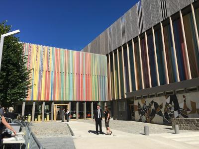 The striped facade of the Cité internationale de la tapisserie in Aubusson