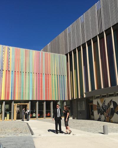 The striped facade of the Cité internationale de la tapisserie in Aubusson