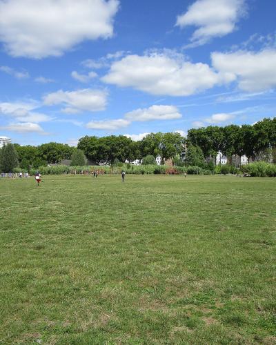 A wide, open grassy field under a blue sky with scattered clouds, bordered by a line of mature trees and some distant buildings, with a few people scattered across the lawn.