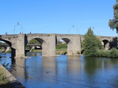 A multi-arched medieval stone bridge spanning a wide river under a clear blue sky, with pedestrians walking on top and modern street lamps mounted along the parapet; a newer concrete bridge is visible in the background to the left.