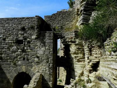 The image shows the stone ruins of a medieval fortress or castle, featuring crumbling walls, an arched doorway, and a path leading through the structure, set against a blue sky with vegetation growing on the right side.