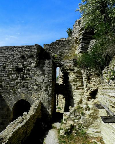 The image shows the stone ruins of a medieval fortress or castle, featuring crumbling walls, an arched doorway, and a path leading through the structure, set against a blue sky with vegetation growing on the right side.