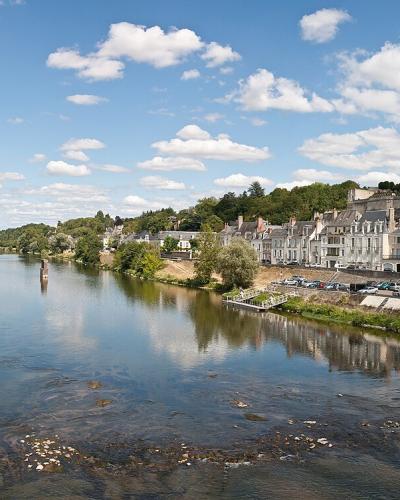 A panoramic view of the Loire River flowing past the town of Amboise, featuring the Château d'Amboise on the right bank under a blue sky with scattered clouds.