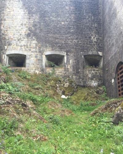 A view of the interior of a stone fortification featuring three arched gun ports on the back wall and a barred arched doorway on the right, with a grassy, rocky slope in the foreground.