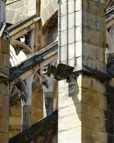 A close-up architectural detail showing a stone gargoyle and Gothic flying buttresses on a weathered limestone building.