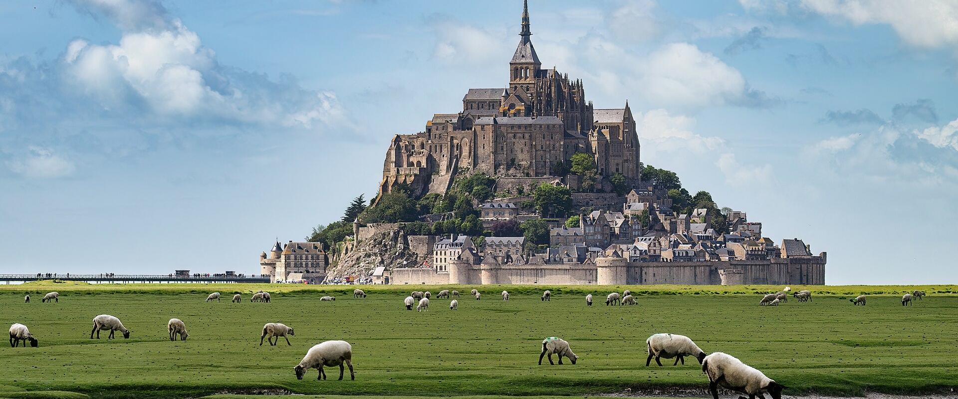 Mont-Saint-Michel above salt meadows with grazing sheep