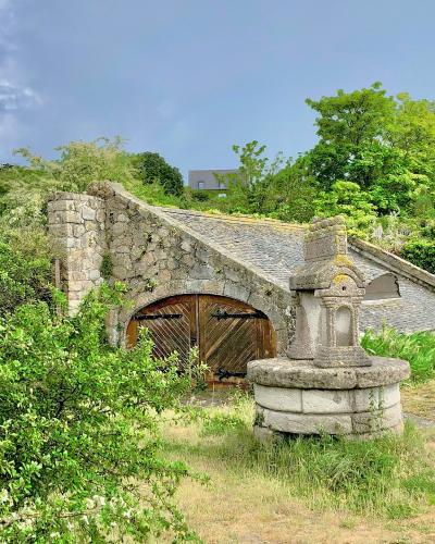 A stone well with a carved stone cover and a stone shed with a wooden door, surrounded by green vegetation and a dirt path.