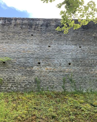 A close-up view of a weathered stone fortification wall with small square openings, set against a blue sky with tree branches in the upper right corner.