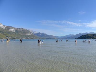 A wide shot of the shallow, clear waters of Lake Annecy with people wading and horses walking in the water, set against a backdrop of mountains and a distant town shoreline under a blue sky.