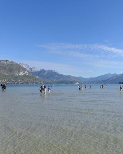A wide shot of the shallow, clear waters of Lake Annecy with people wading and horses walking in the water, set against a backdrop of mountains and a distant town shoreline under a blue sky.