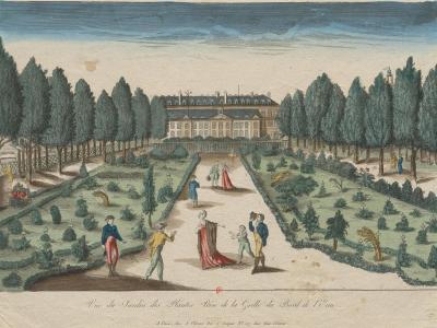 A colored engraving depicting a formal garden with a central path, flanked by rows of trees and small plants, with figures in 18th-century attire strolling; a large building stands in the background, and the caption at the bottom reads "Vue du Jardin