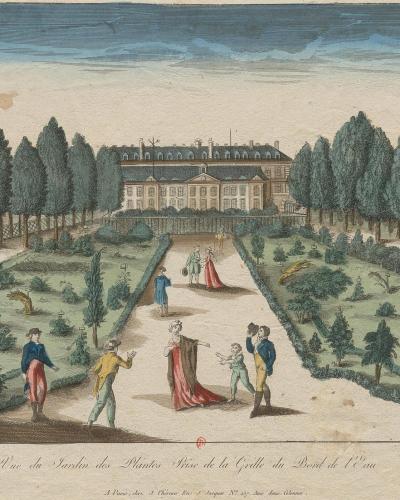 A colored engraving depicting a formal garden with a central path, flanked by rows of trees and small plants, with figures in 18th-century attire strolling; a large building stands in the background, and the caption at the bottom reads "Vue du Jardin