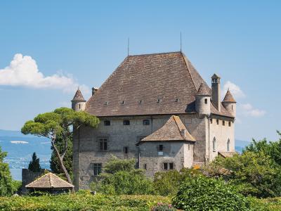 A large medieval stone castle with a steep tiled roof, corner turrets, and a smaller attached building, viewed from a garden with greenery in the foreground and a lake and distant hills in the background under a blue sky.