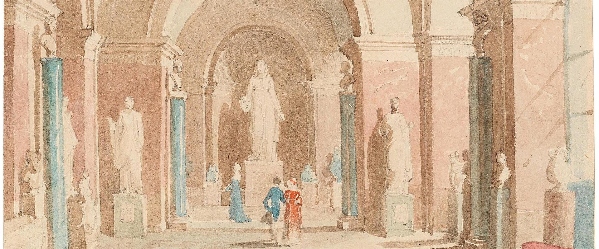 A watercolor painting by Johann Nepomuk Ender depicting the Antiken Saal (Antique Hall) in the Louvre Museum in Paris, dated 1826, showing classical statues and visitors in period dress.