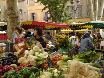 Produce stalls under the plane trees at the Aix-en-Provence market